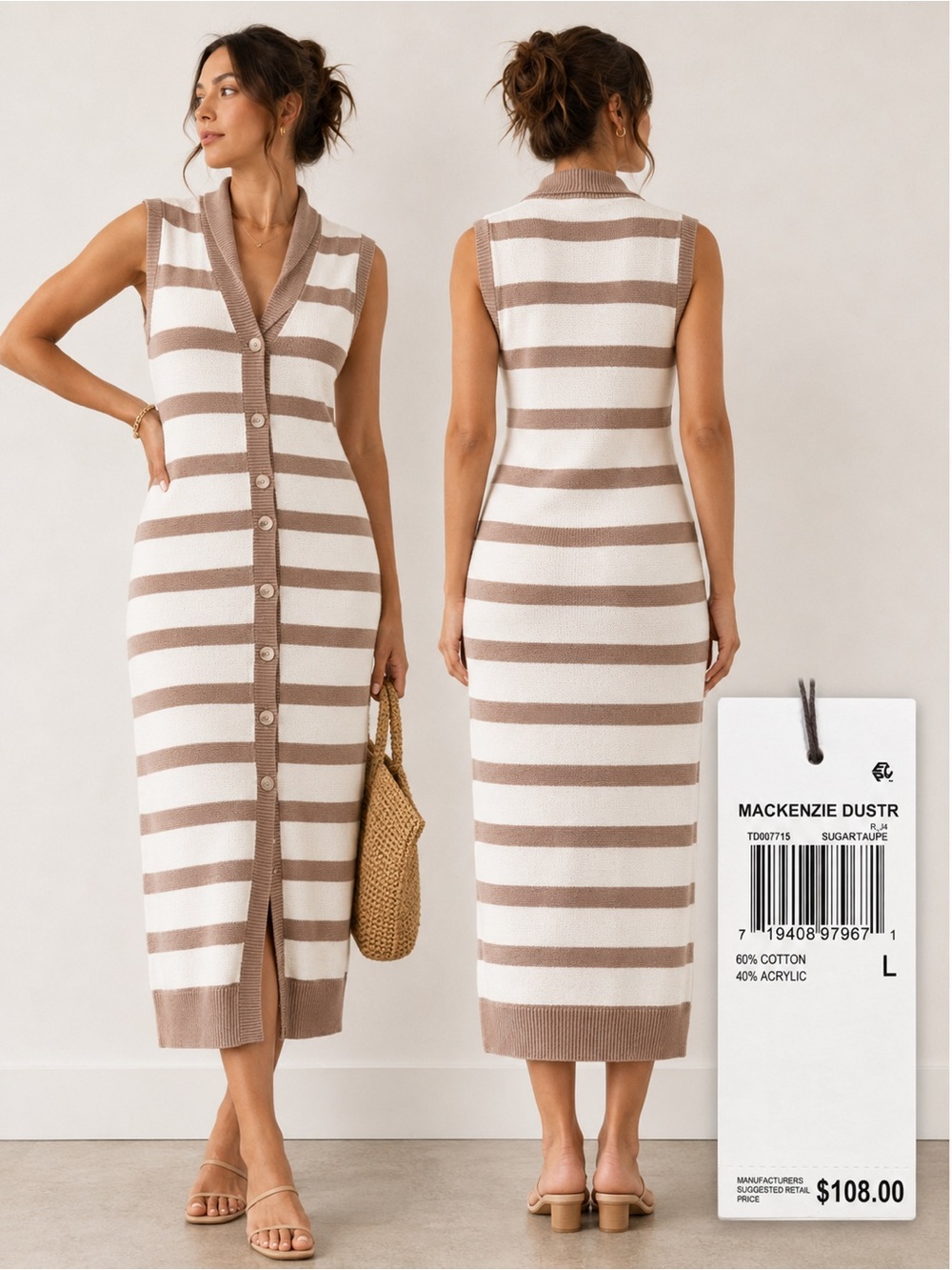 Mackenzie Sleeveless Button-Front Midi Dress in Sugar Taupe/White